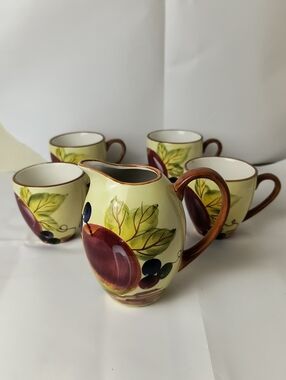 Bombay Handpainted Fruit Pattern Ceramic Pitcher and Mugs Set - Yellow and Brown